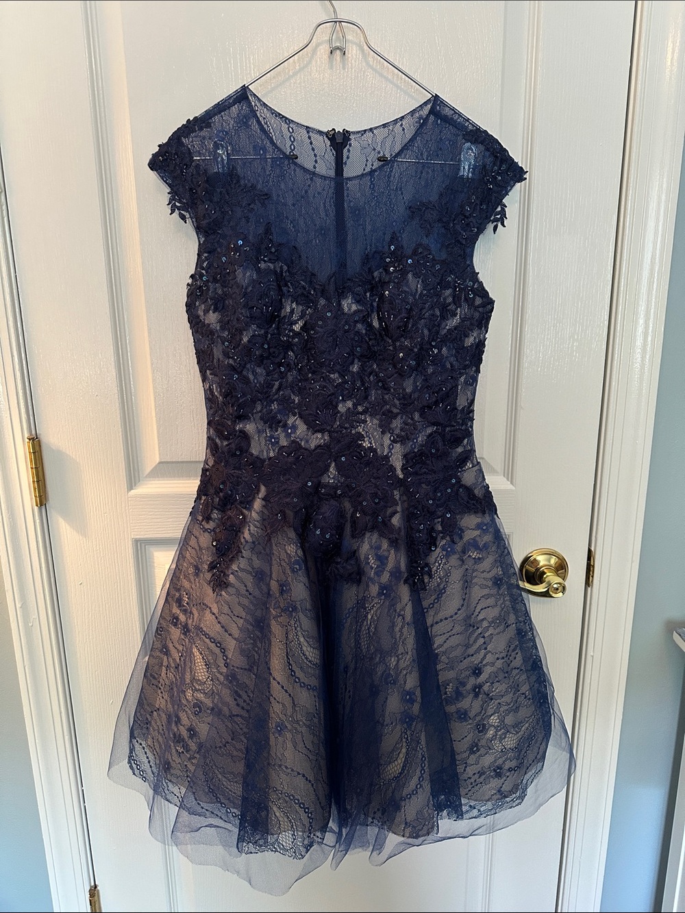 Navy Blue Lace Sequined Tulle A-Line Cocktail Formal Mini Dress - Size 8